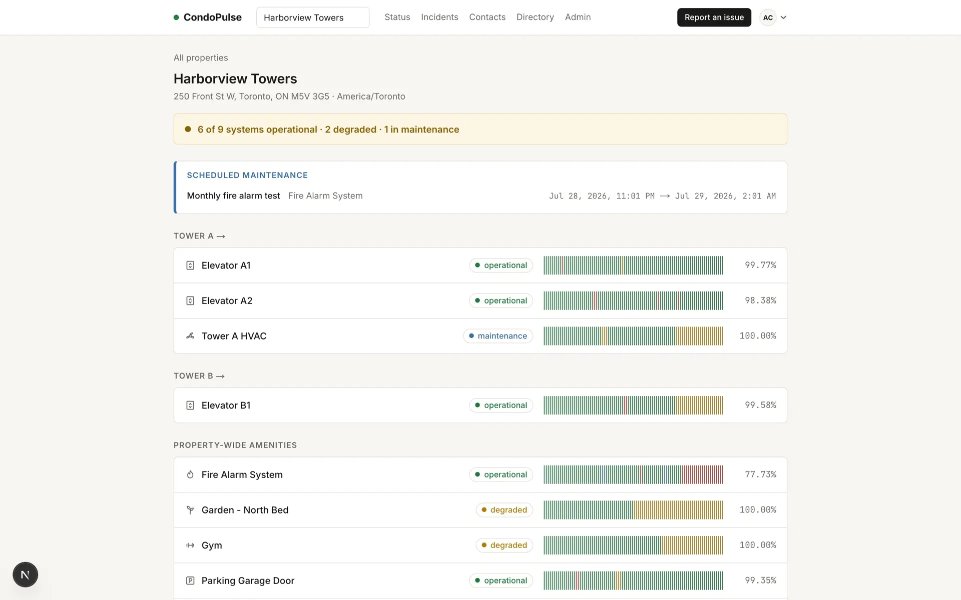 CondoPulse property status page for Harborview Towers, showing per-tower assets with 90-day uptime bars and a scheduled maintenance window