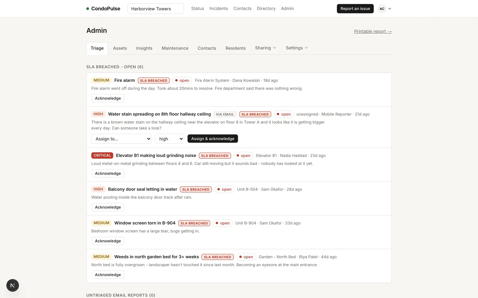 CondoPulse admin triage queue listing SLA-breached open incidents with priority, reporter, and assign/acknowledge controls