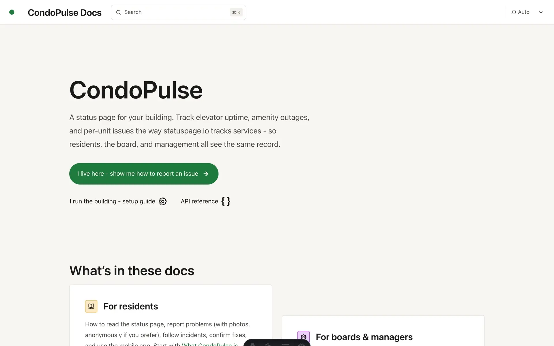 CondoPulse Starlight documentation site with separate entry points for residents, boards and managers, and the REST API reference