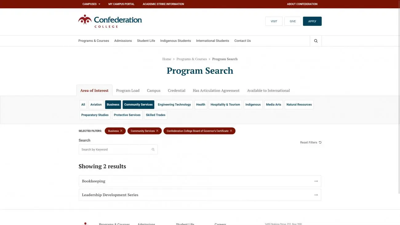 Confederation College program search