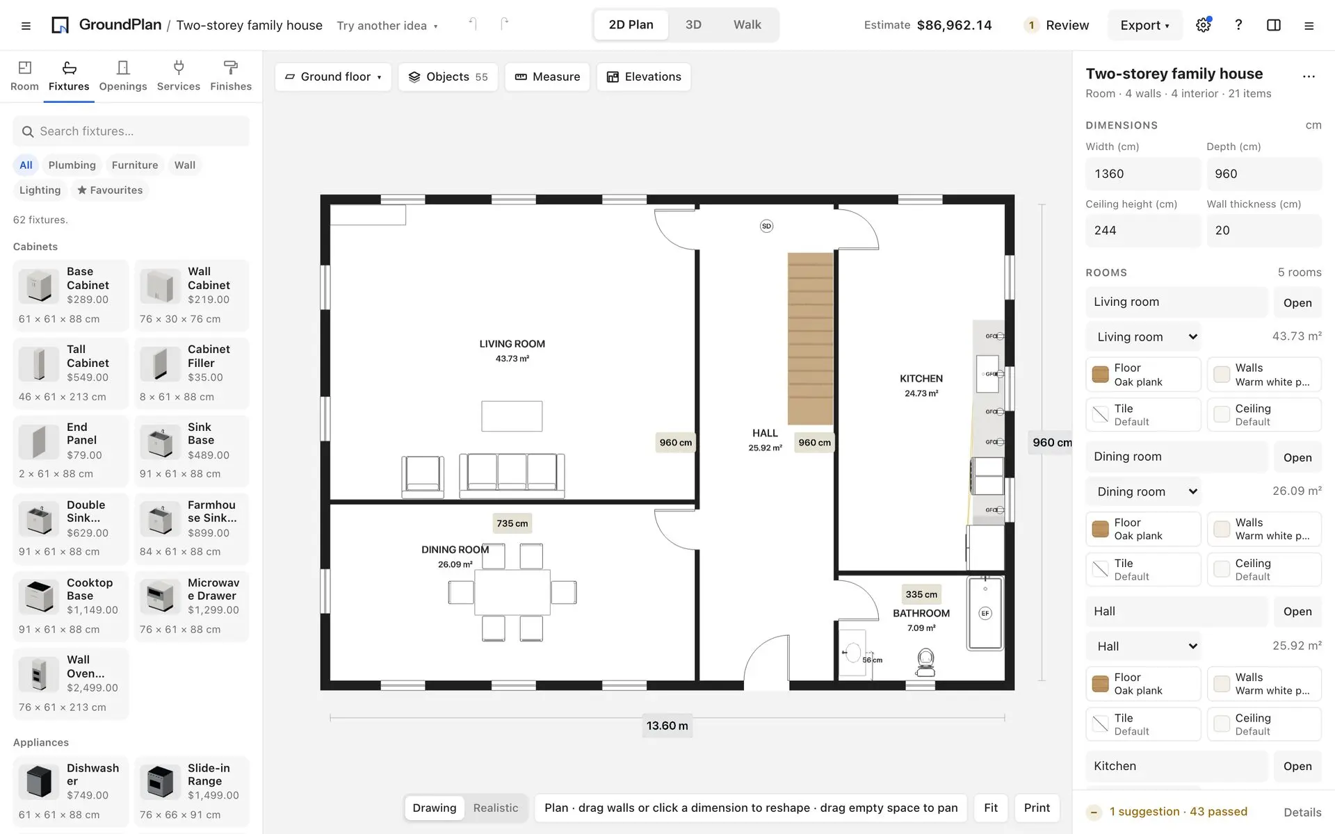 The ground floor in the 2D plan, with wall thicknesses, dimensions, door swings, furniture and each room's area