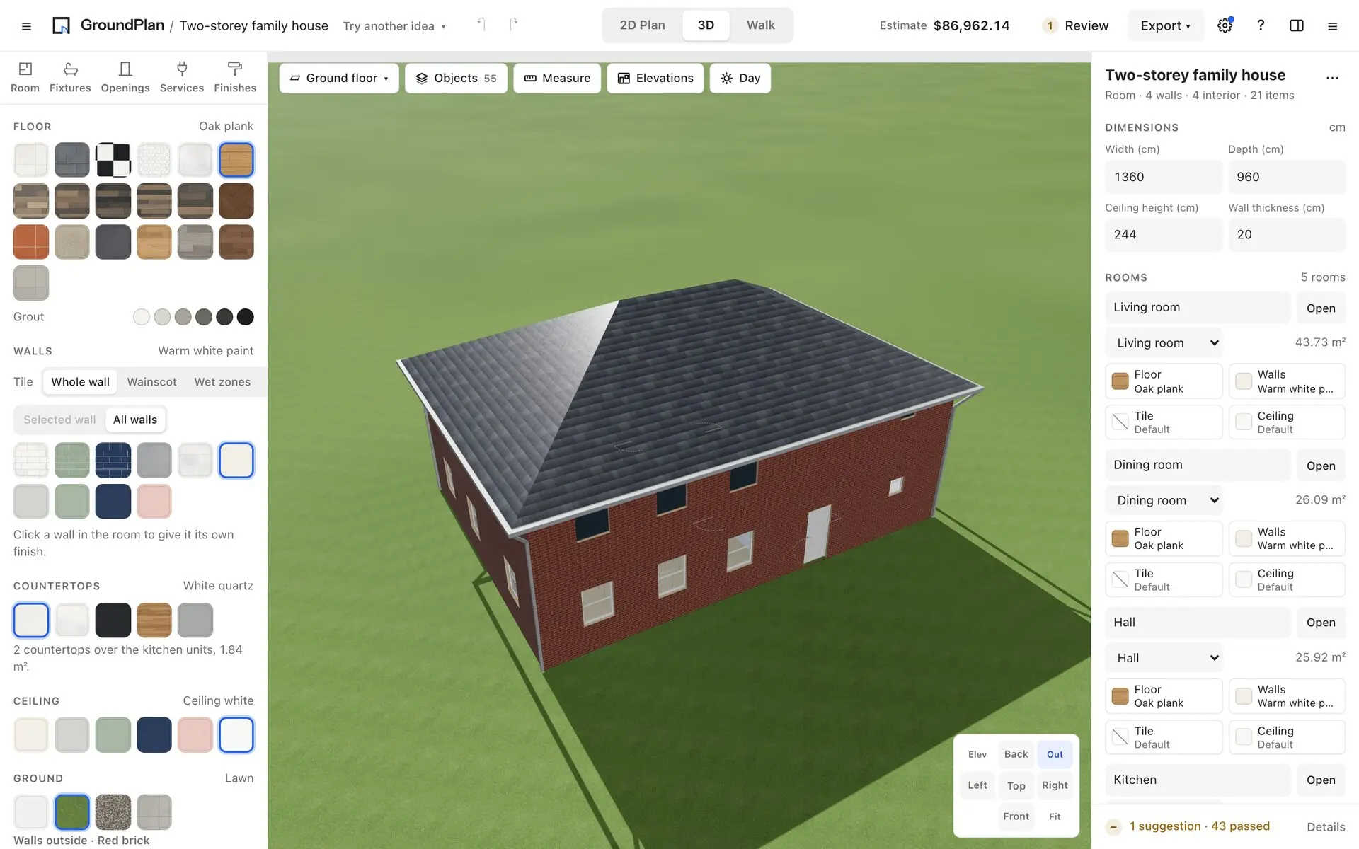 The house from outside in red brick under a slate hip roof, with the finishes for the outside walls and the ground