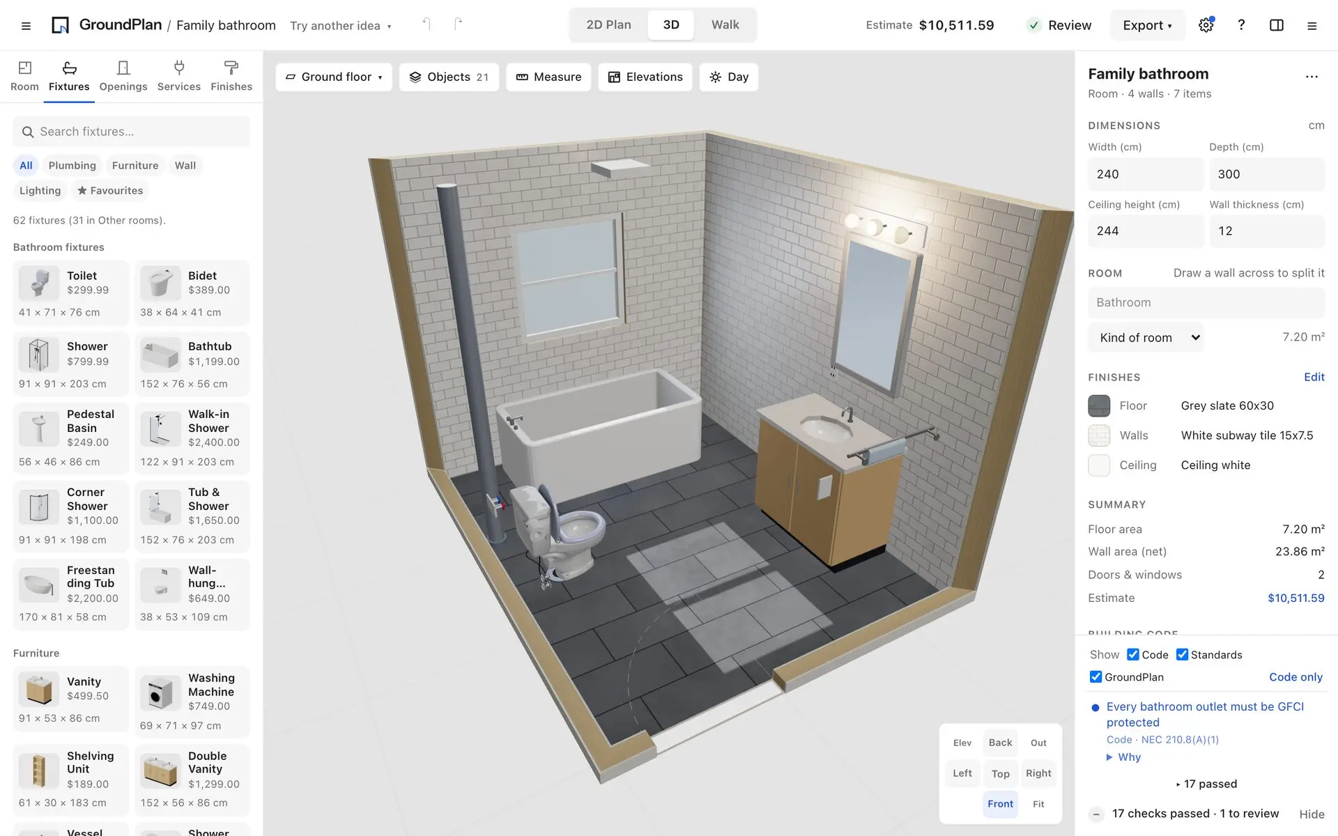 A bathroom in 3D with its fixtures and soil stack, and a code check citing NEC 210.8(A)(1) for GFCI-protected outlets