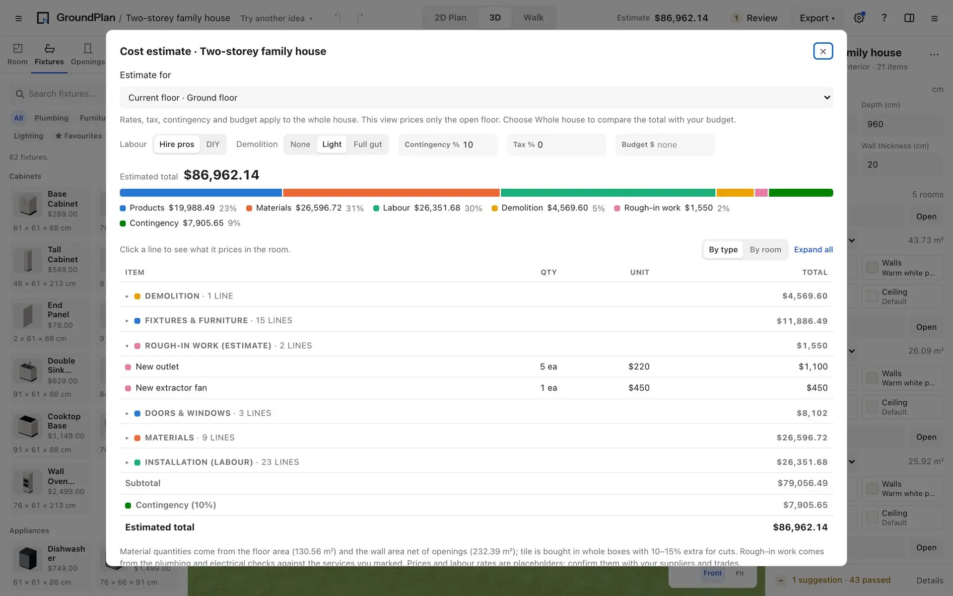 The cost estimate for the house: products, materials, labour, demolition, rough-in work and contingency