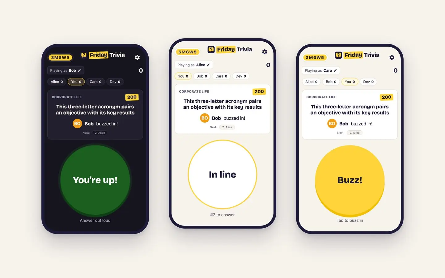 Three players' phones at the same moment: Bob has the floor in dark mode, Alice is second in line, and Cara can still buzz