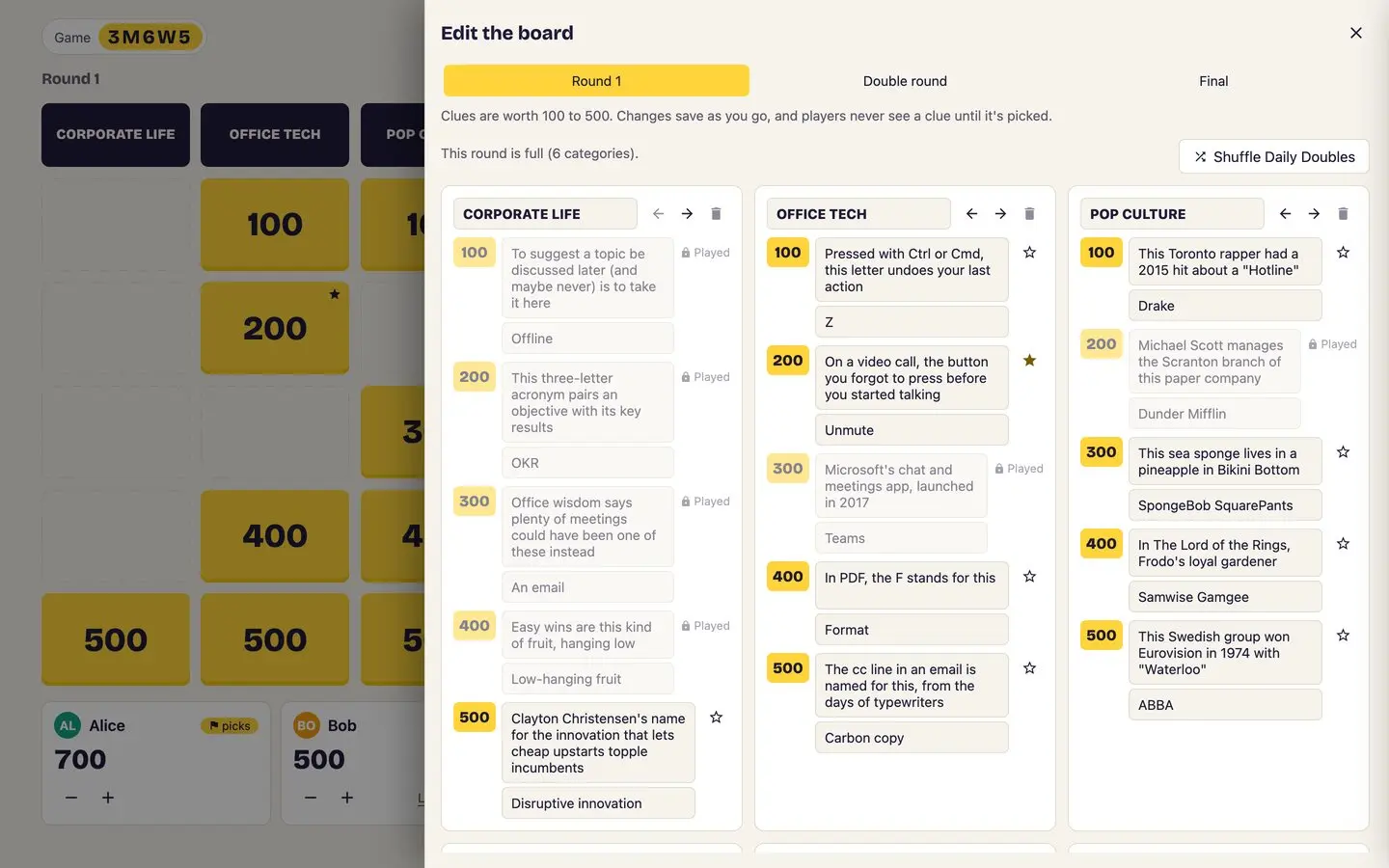 Board editor open beside the game, with each clue and answer editable by round and the played clues locked