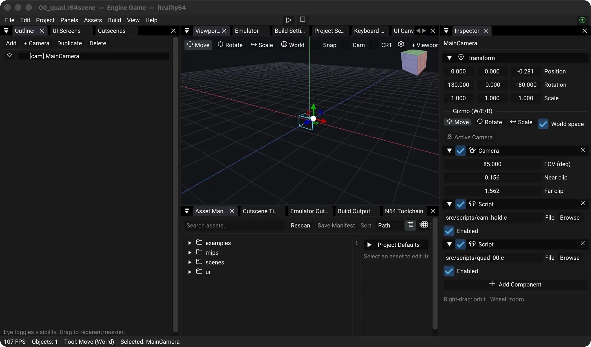 Editor layout with asset manager, per-object scripts, and camera components