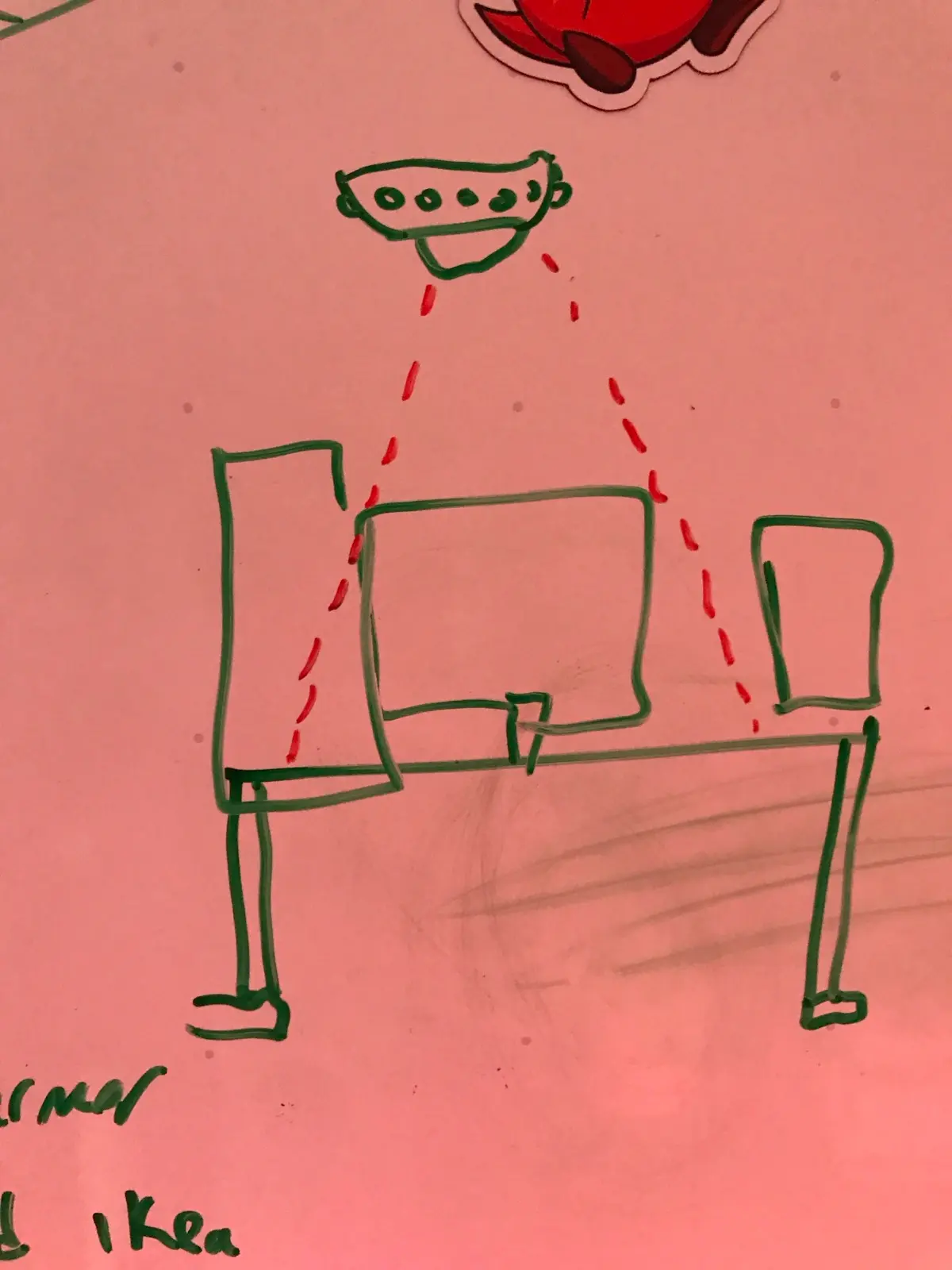 The original whiteboard sketch: a UFO beaming down at the desk