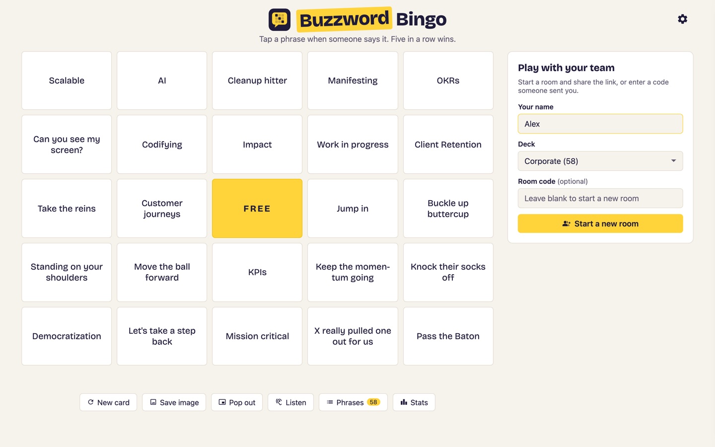 Landing page with a fresh card and the join panel: player name, phrase deck picker, and an optional room code