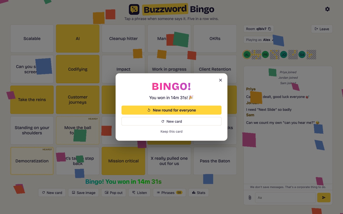 Bingo win dialog after a 14-minute card, with confetti and options for a new round for everyone or a new card