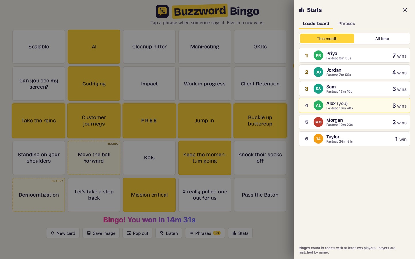 Stats drawer showing this month's leaderboard, ranking players by wins with each one's fastest bingo