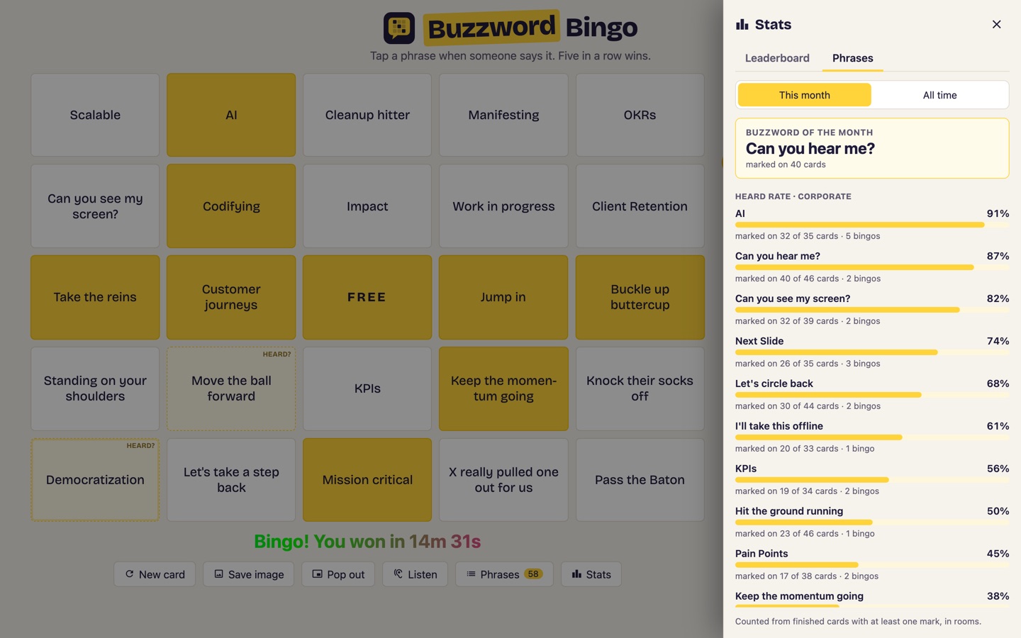 Phrase stats with "Can you hear me?" as buzzword of the month, and each phrase's heard rate across finished cards
