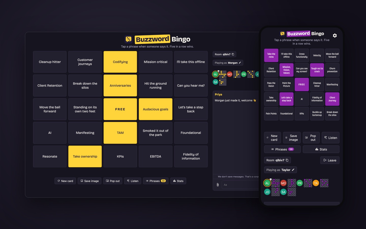 Dark mode in yellow and purple color schemes, on desktop and at phone width