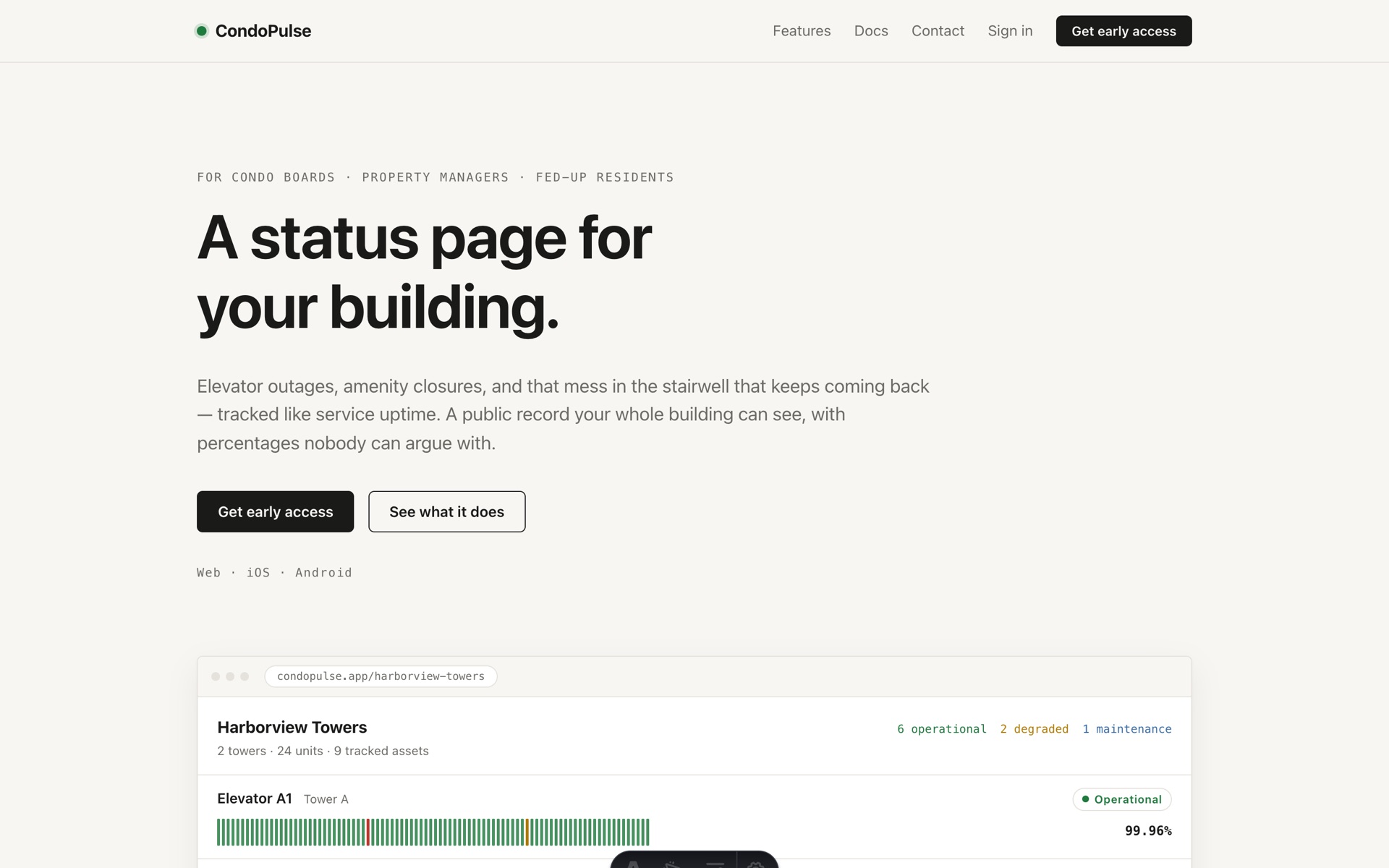 CondoPulse marketing site hero: “A status page for your building” with a preview of a live property status page