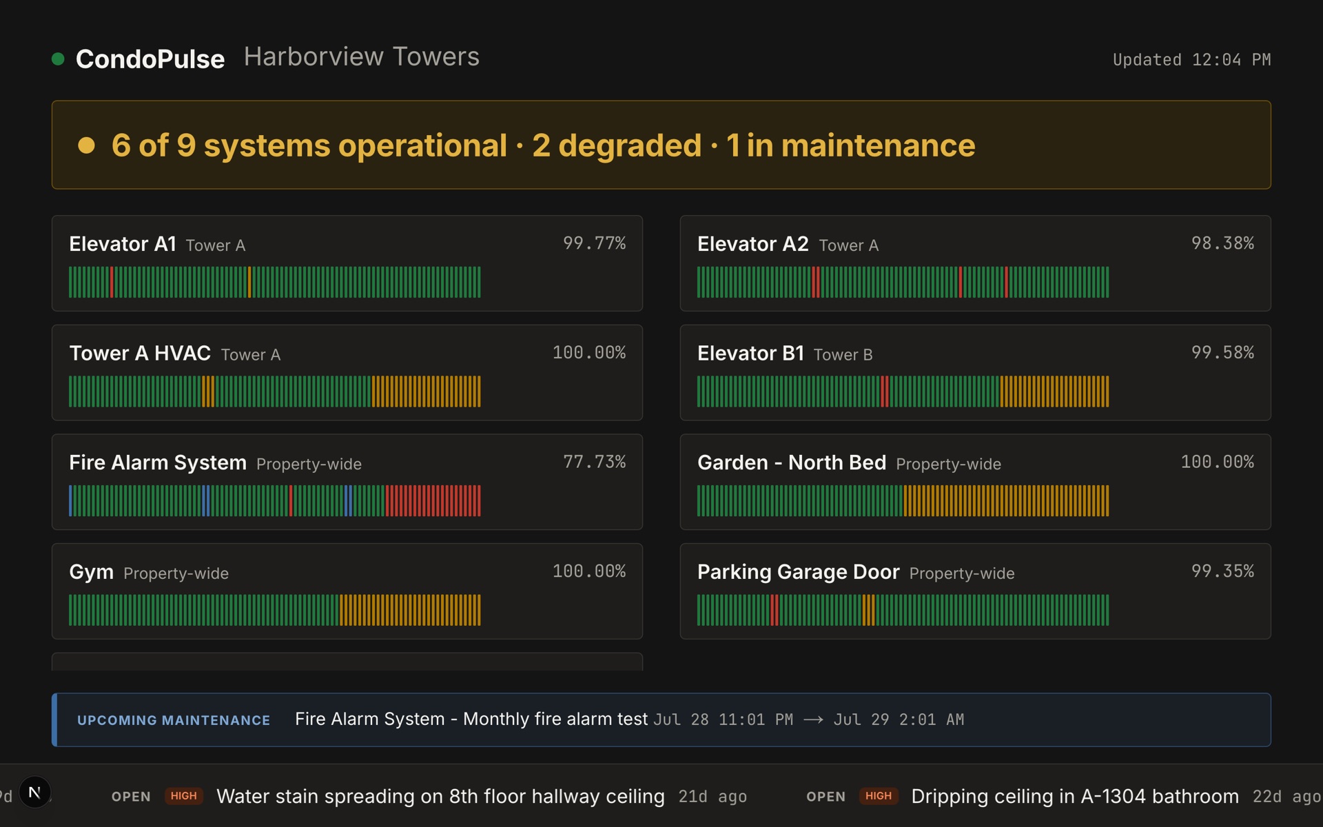 CondoPulse kiosk mode: full-screen dark lobby-TV dashboard with uptime bars, upcoming maintenance, and a scrolling open-incident ticker