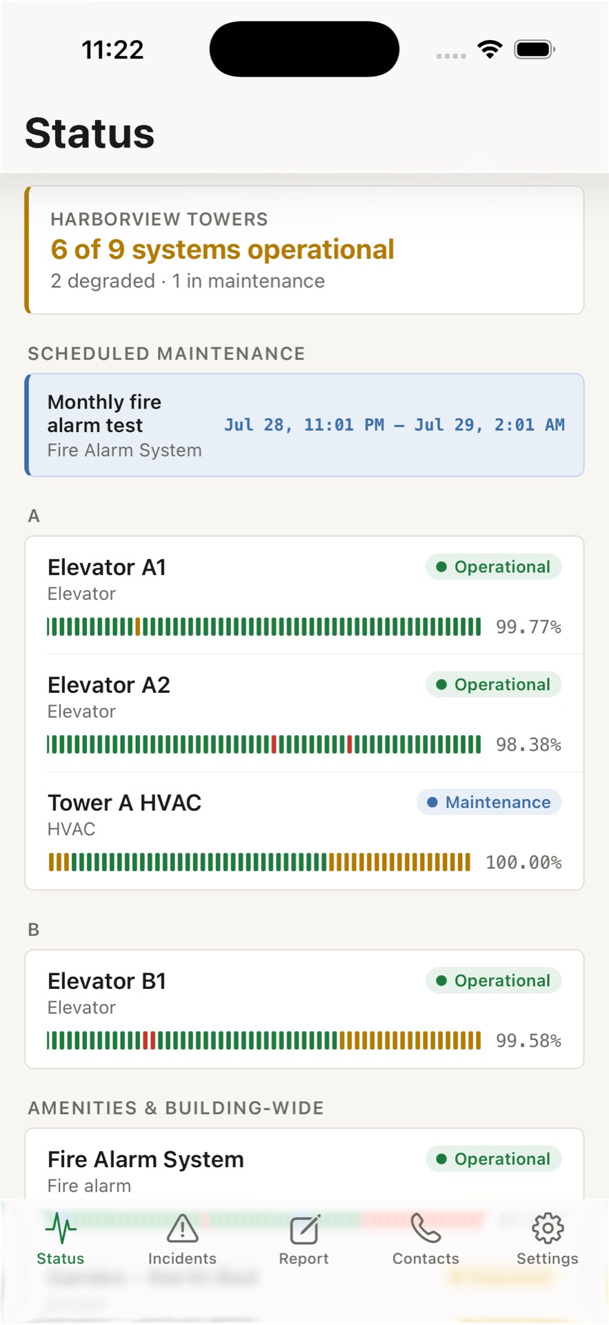 CondoPulse mobile app status screen with asset uptime bars grouped by tower and tabs for status, incidents, reporting, and contacts